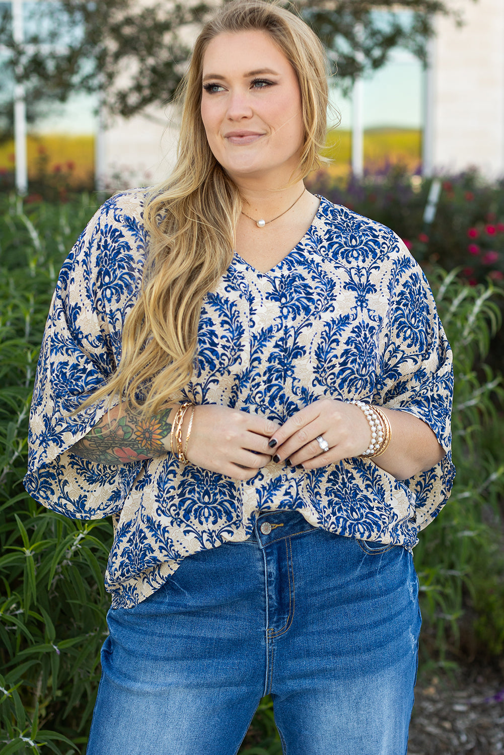 Blue Plus Size Ethnic Printed 3/4 Sleeve V Neck Loose Blouse BB Fashion Outlet