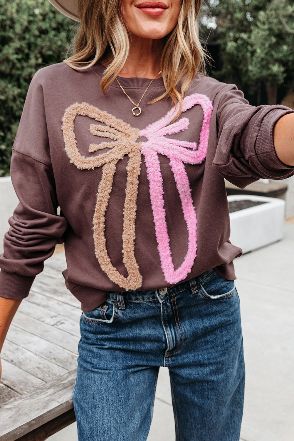 Contrast Terry Bow Pattern Drop Shoulder Sweatshirt - eAura