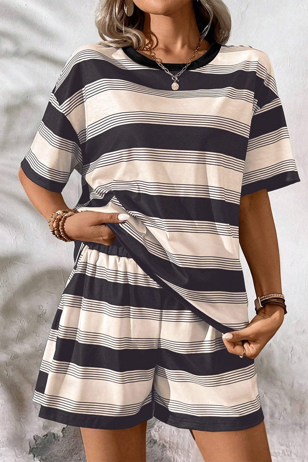 Black Stripe Short Sleeve T Shirt and High Waist Pocketed Shorts Set eAura