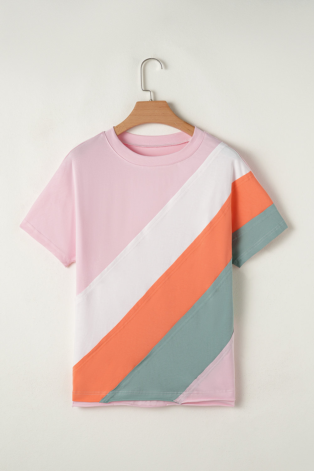Pink Colour Block Patchwork Seamed Crewneck T Shirt eAura