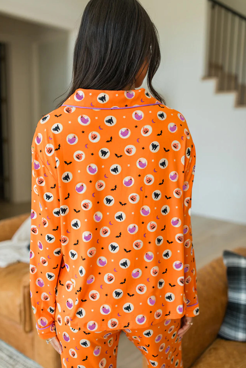 Orange Halloween Print Lapel Shirt Long 2pcs Pyjama Set Dear-Lover Dropshipping