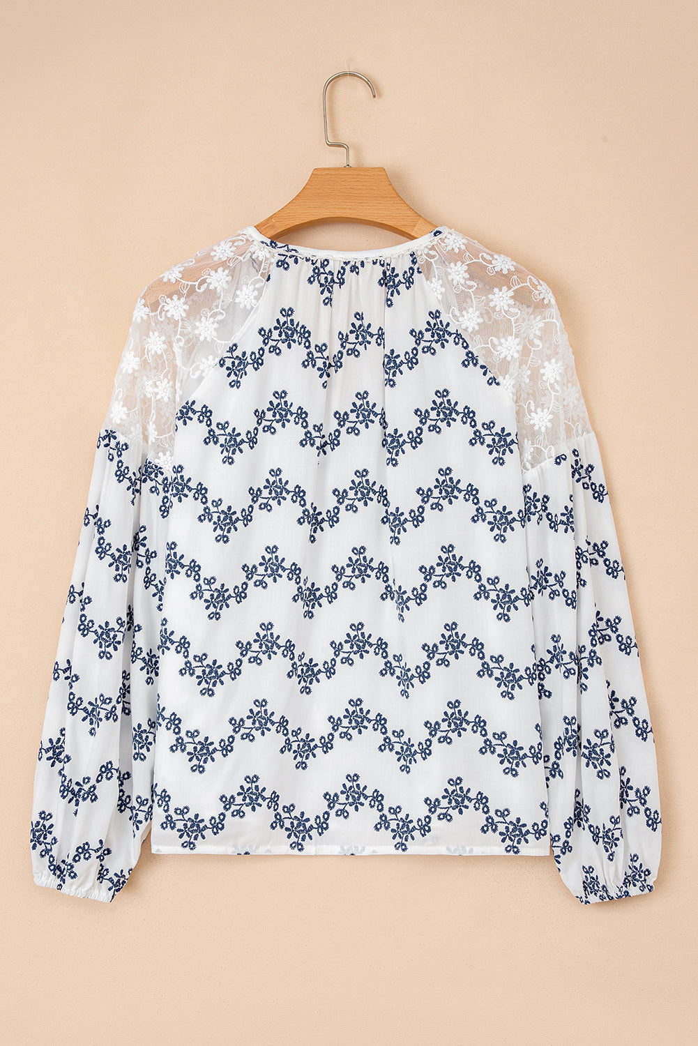Lace Patchwork Floral Bubble Sleeve V-Neck Blouse - Tops/Blouses & Shirts