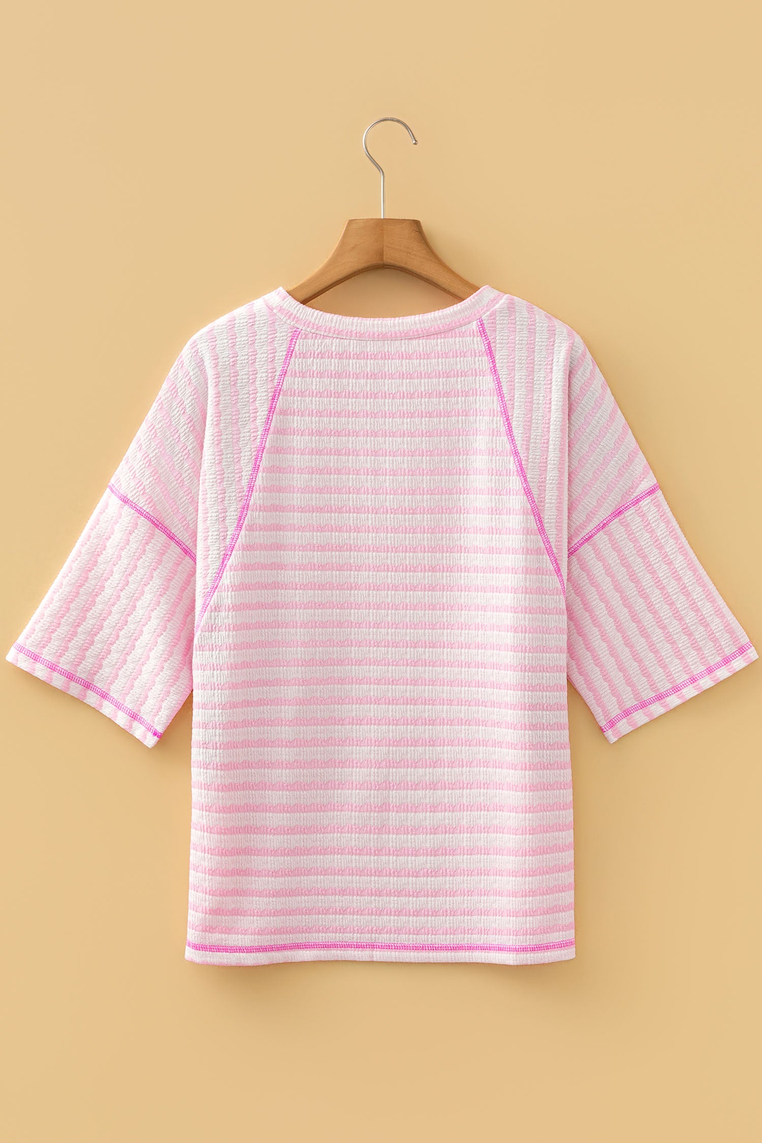 Striped Textured Knit Split Hem Half Sleeve Loose Top