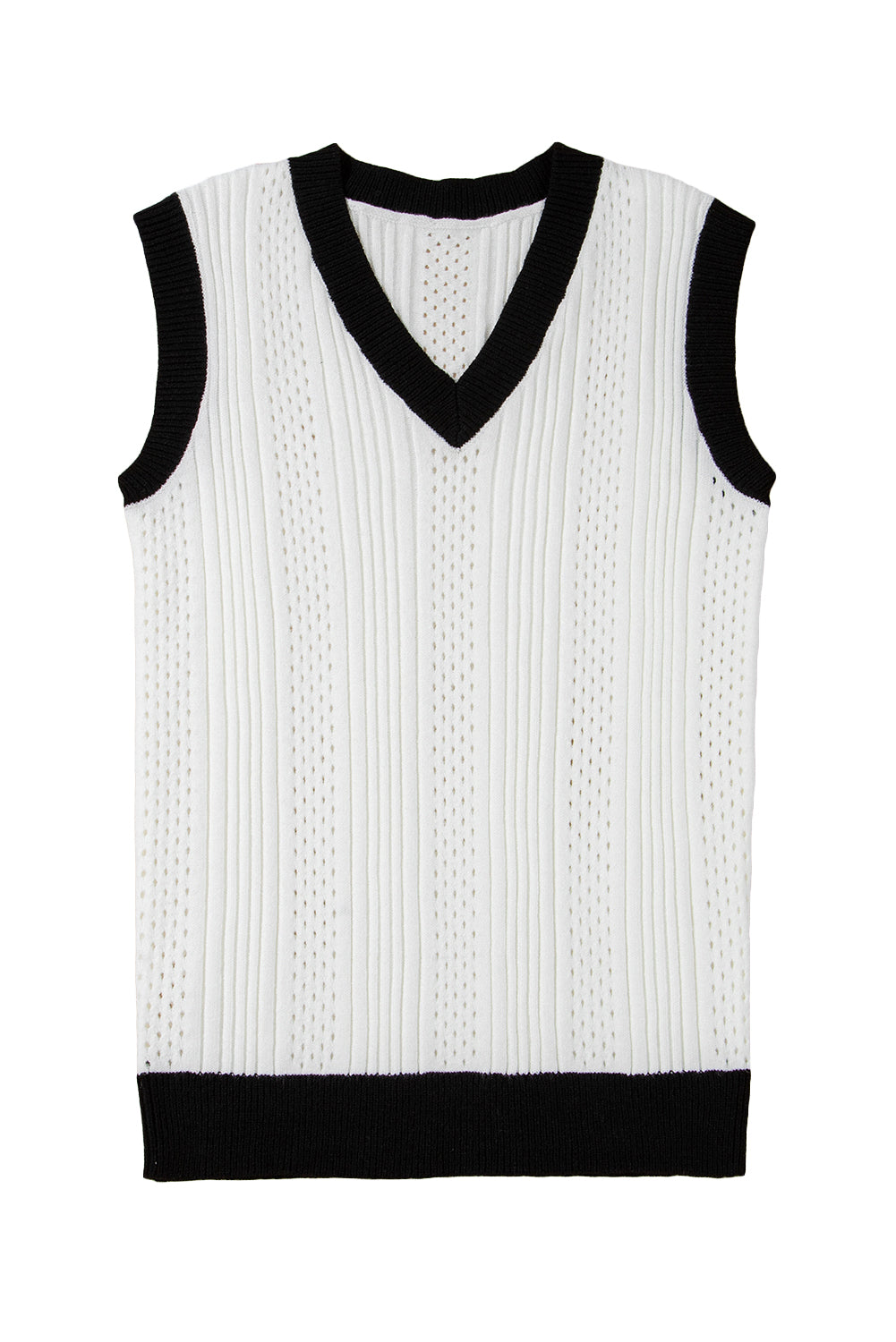 White Contrast Trim Eyelet Knit Colourblock V Neck Sweater Vest eAura