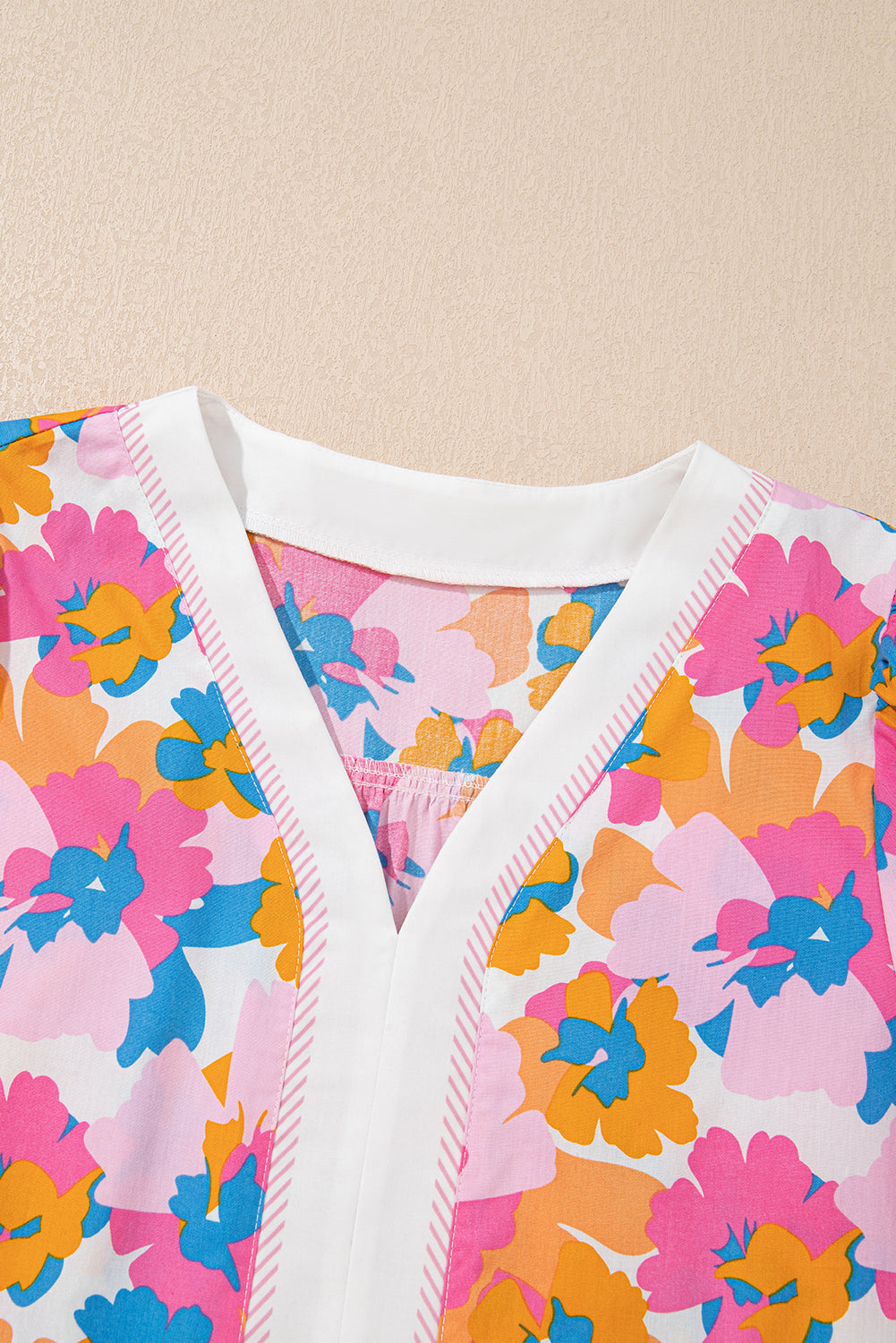 White Floral Striped Edge V Neck Knotted Short Sleeve Blouse eAura