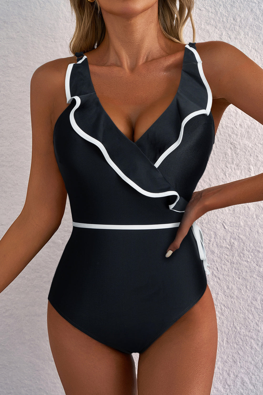 Black Colour Contrast Ruffled Wrap V Neck Swimsuit eAura