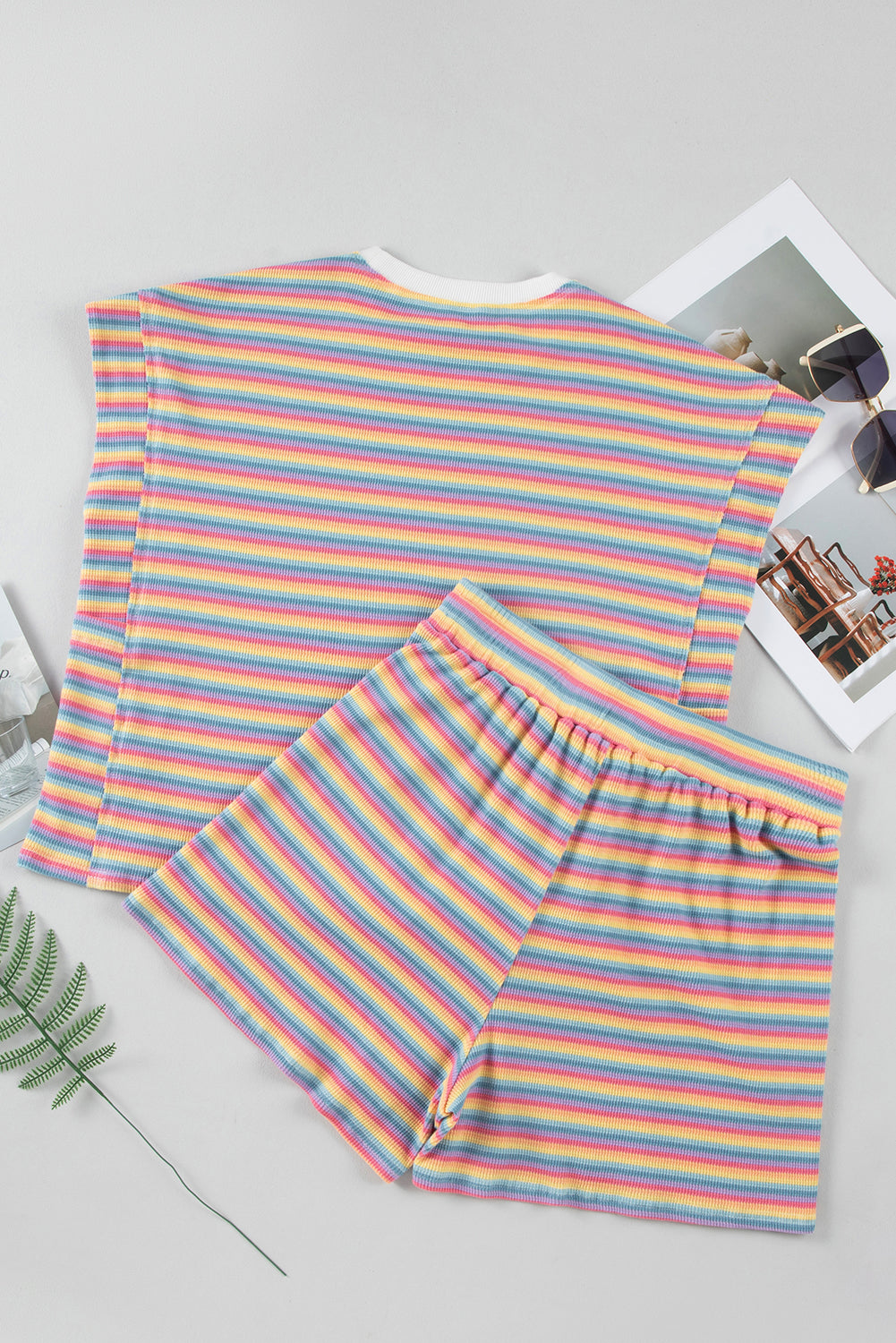 Pink Stripe Crew Neck Tee and Tasseled Drawstring Shorts Set Co-ord eAura