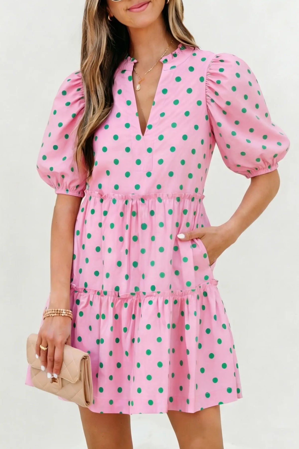 Polka Dot Print V Neck Short Sleeve Tiered Mini Dress – Pink