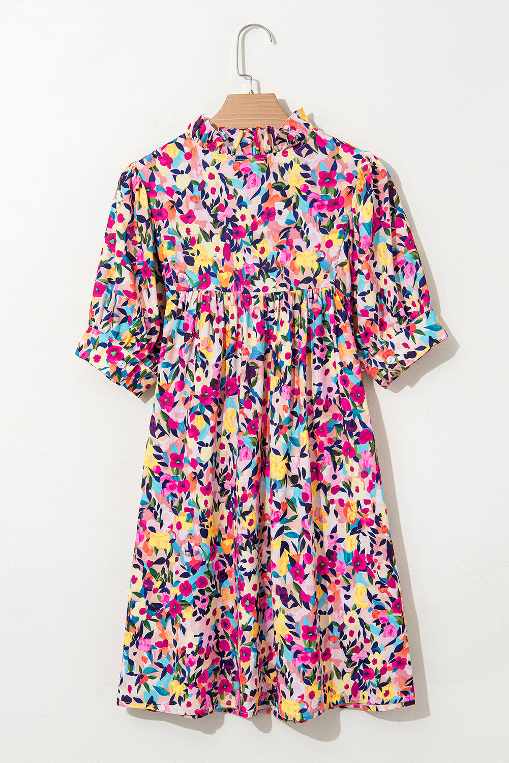 Pink Floral Puff Short Sleeve V Neck Mini Dress eAura