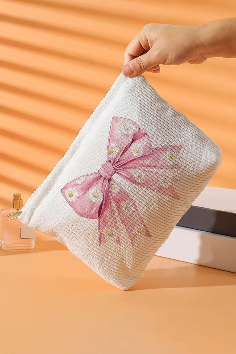 Bow Knot Daisy Print Ribbed Makeup Bag