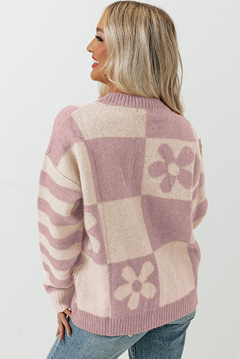 Brown Checkered Floral Print Striped Sleeve Sweater eAura
