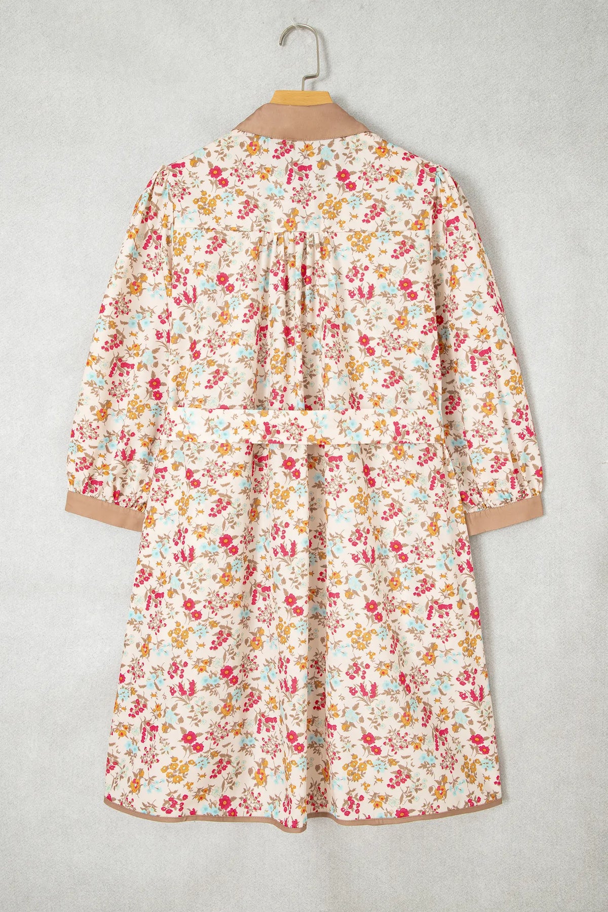 Floral Print Colour Block Trim Button Down 3/4 Sleeve Belted Mini Dress – Orange