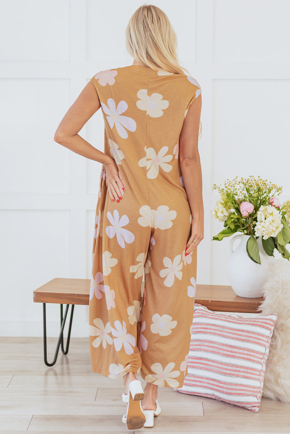 Khaki Floral Print Sleeveless Button up Wide Leg Loose Jumpsuit eAura