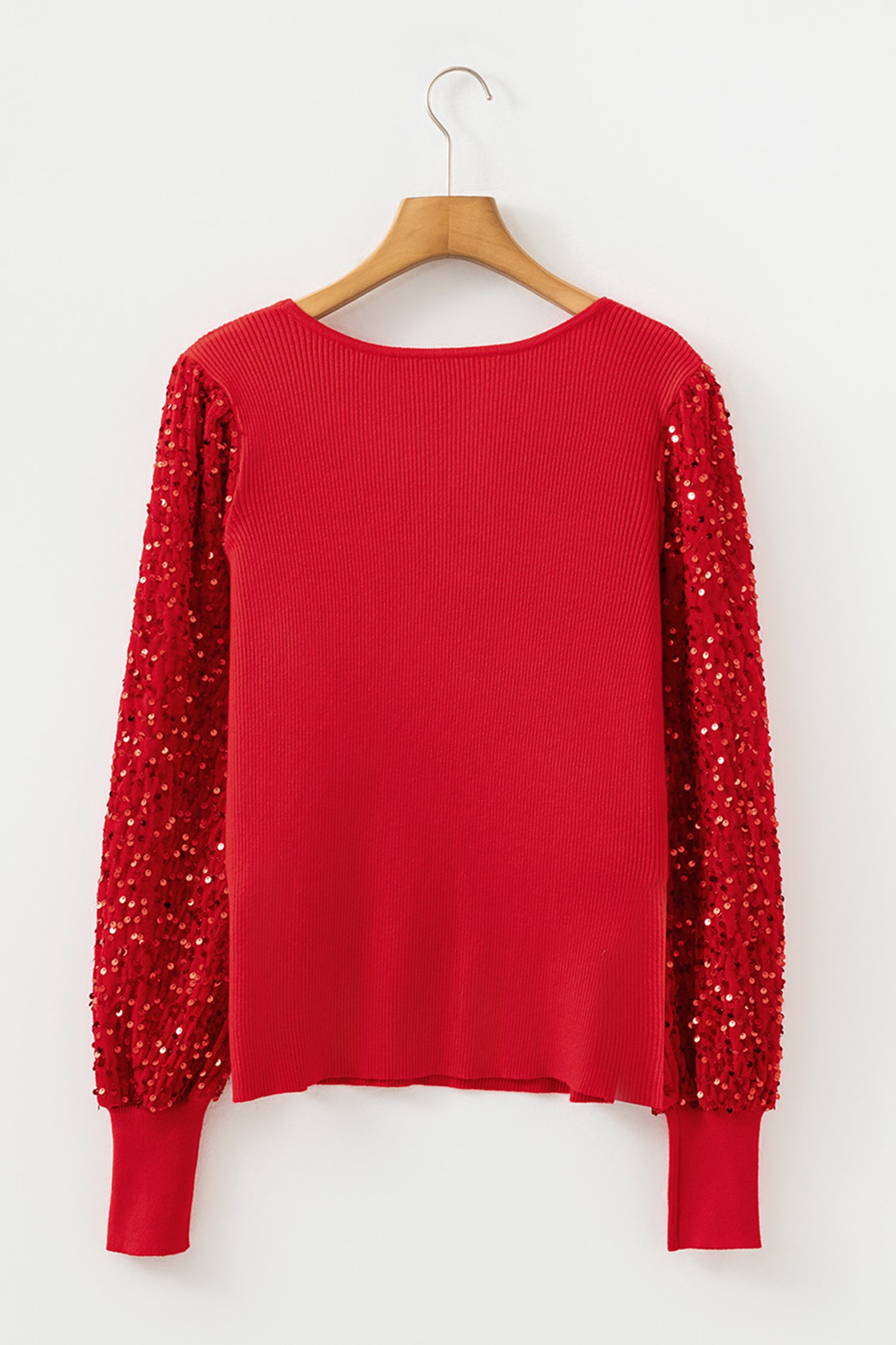 Sequin Sleeve Patchwork Rib Knit Square Neck Holiday Sweater