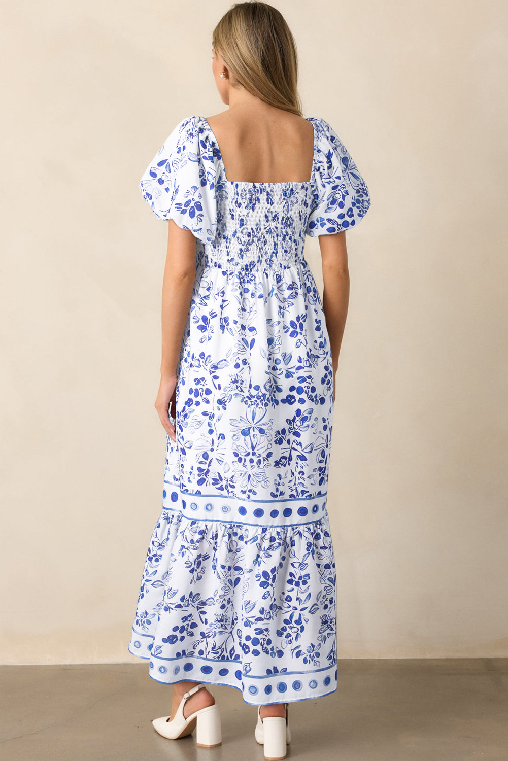 Sky Blue Floral Print Square Neck Bubble Sleeve High Waist Maxi Dress eAura