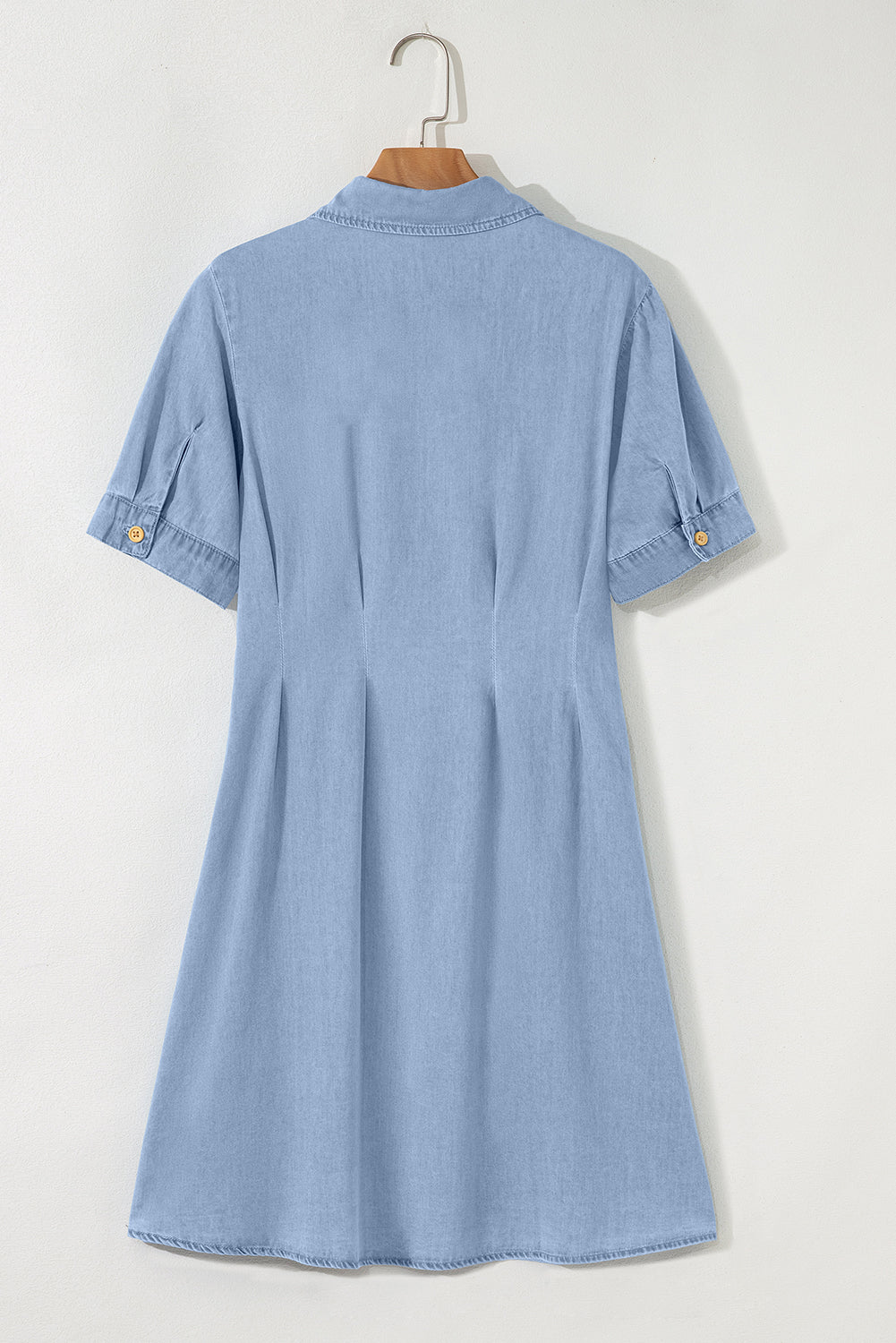 Myosotis Denim Pleated Slim Waist Short Sleeve Shirt Dress eAura