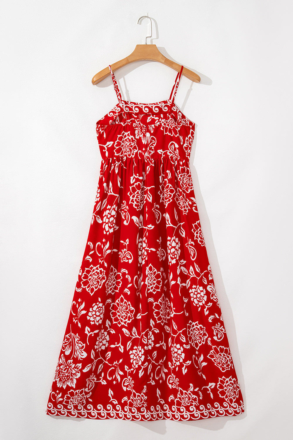 Red Floral Printed Spaghetti Strap Empire Waist Maxi Dress eAura