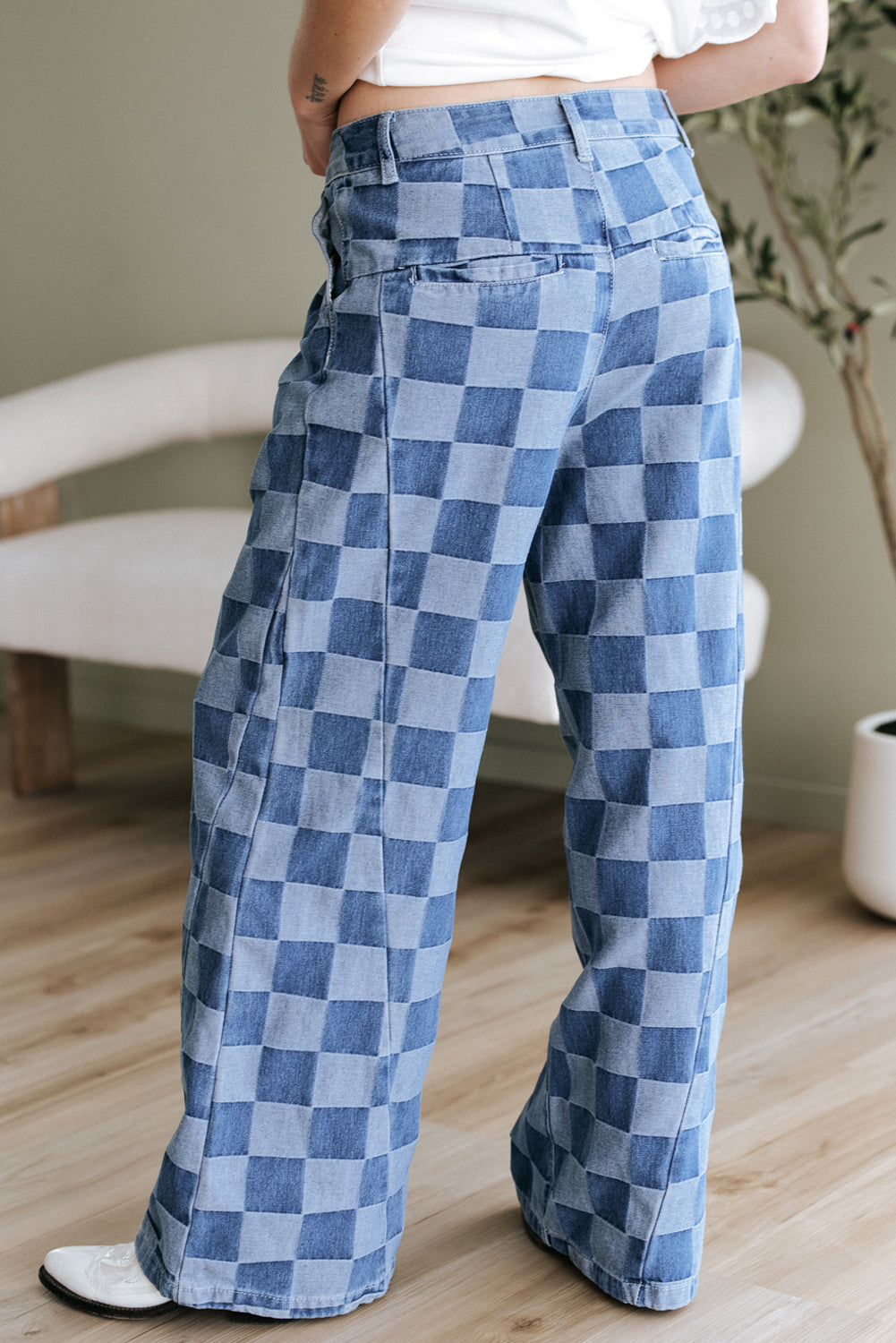 Dark Grey Checkered Denim Wide Leg Jeans eAura