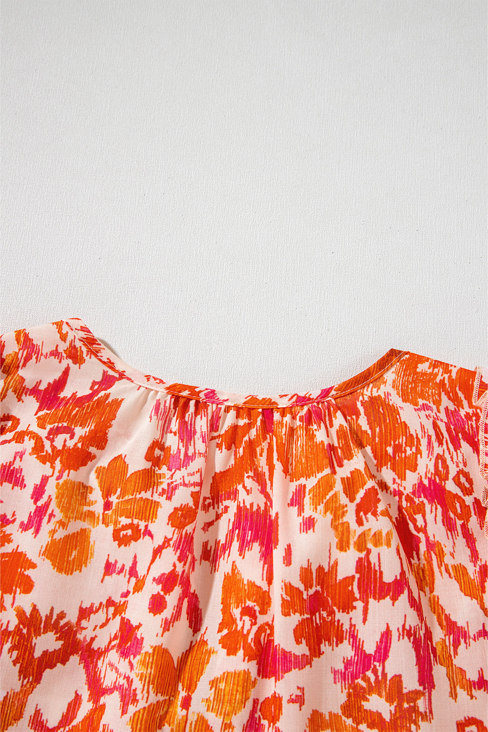 Orange Floral Print Ruffled Short Puff Sleeve Split Neck Blouse BB Fashion Outlet