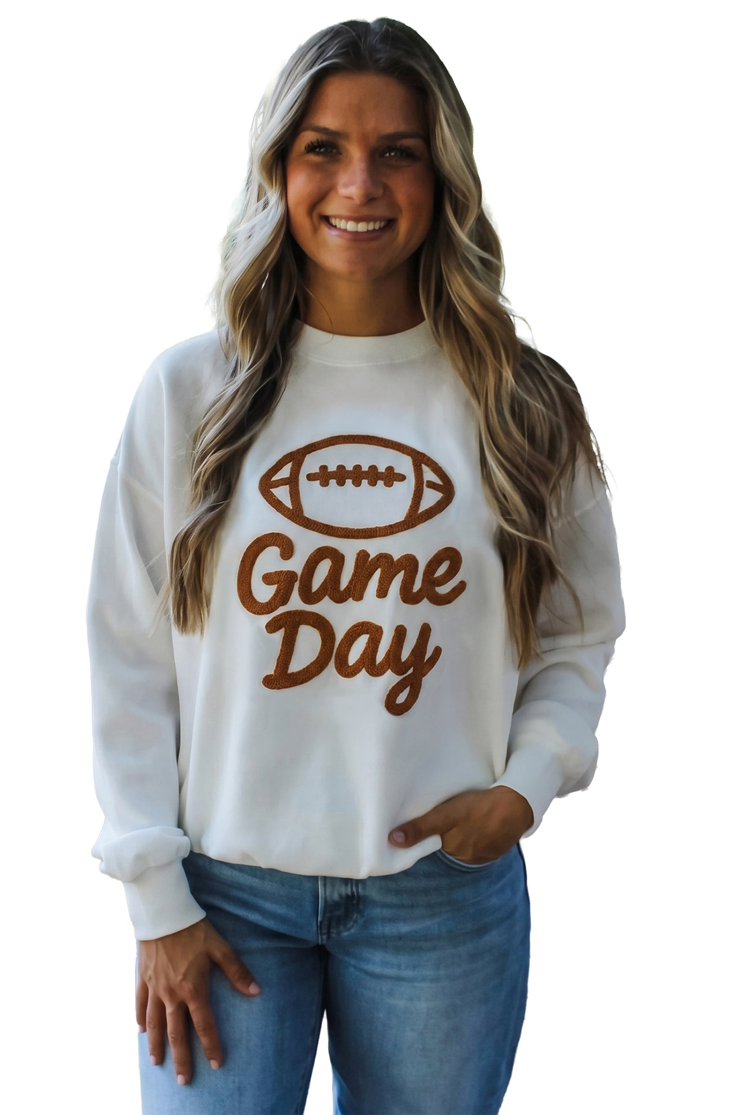 Embroidered Slogan Game Day Rugby Pattern Crewneck Sweatshirt – White