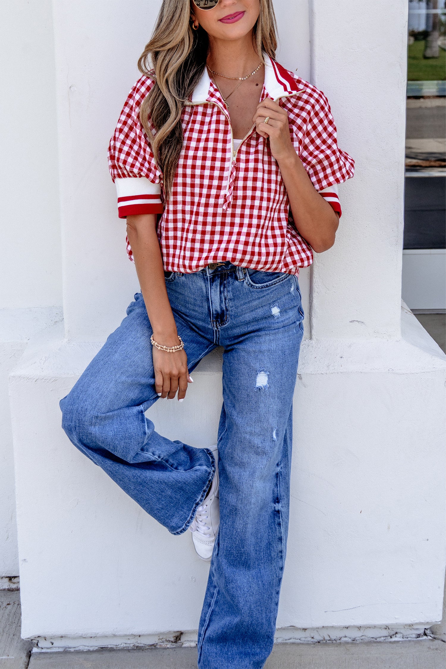 Gingham Striped Patchwork Half Zip Blouse – Red