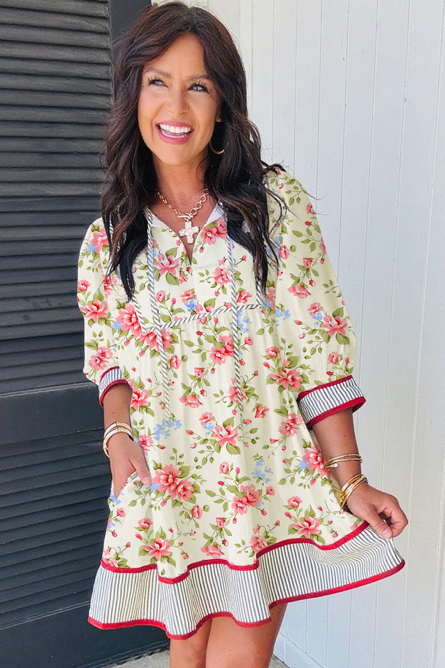 Striped Edge 3/4 Puff Sleeve Floral Dress