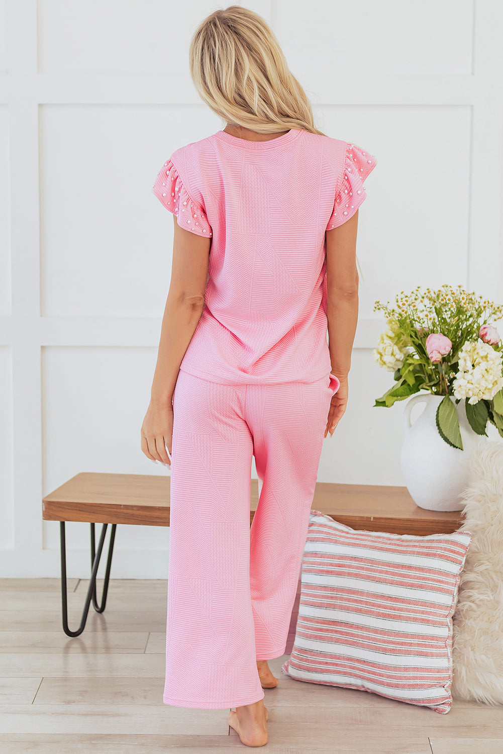 Pink Textured Pearled Ruffled Sleeve Wide Leg Trousers Set eAura