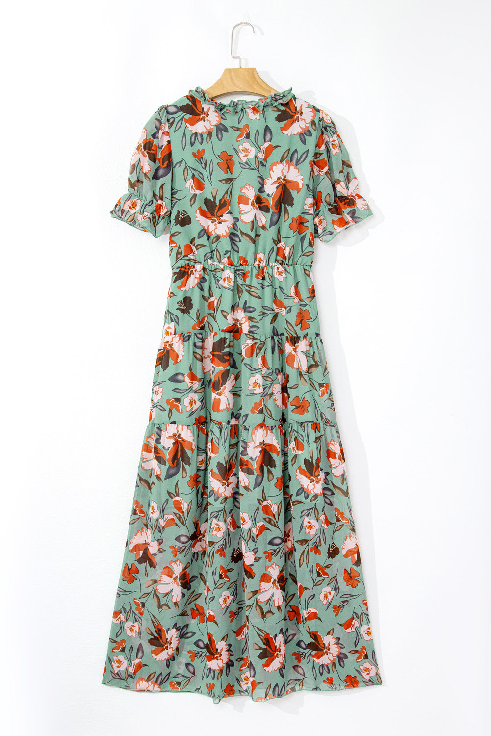 Floral Print Frilled V-Neck Short Sleeve Maxi Dress
