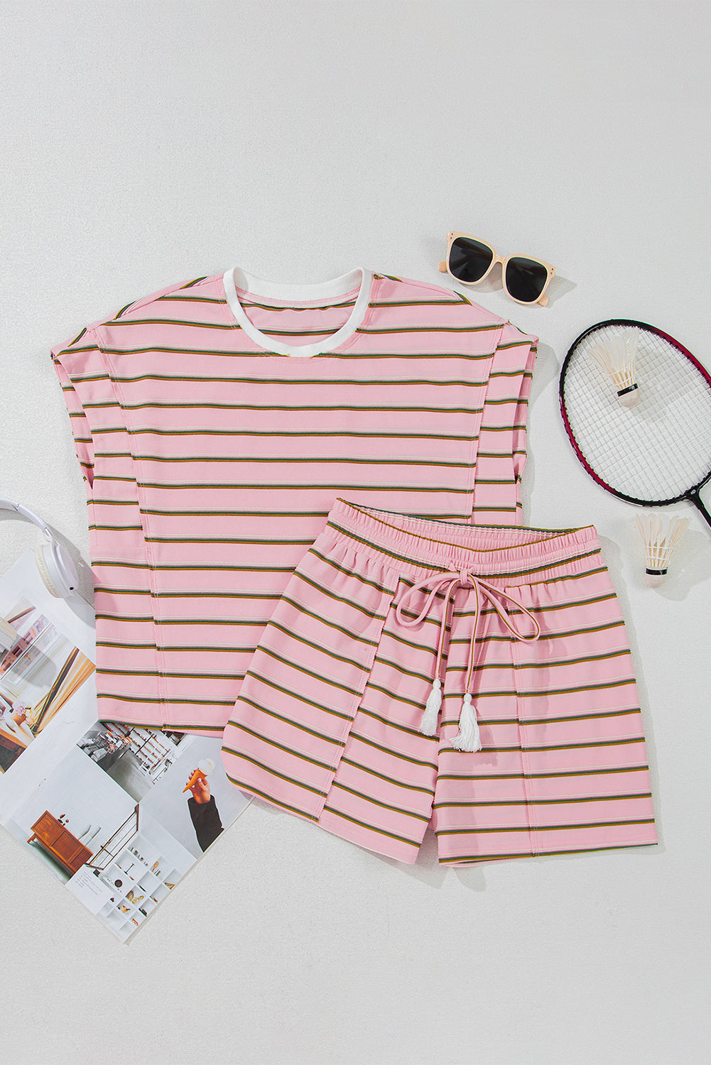 Pink Stripe Wide Short Sleeve Tee and Short Set Co-ord eAura