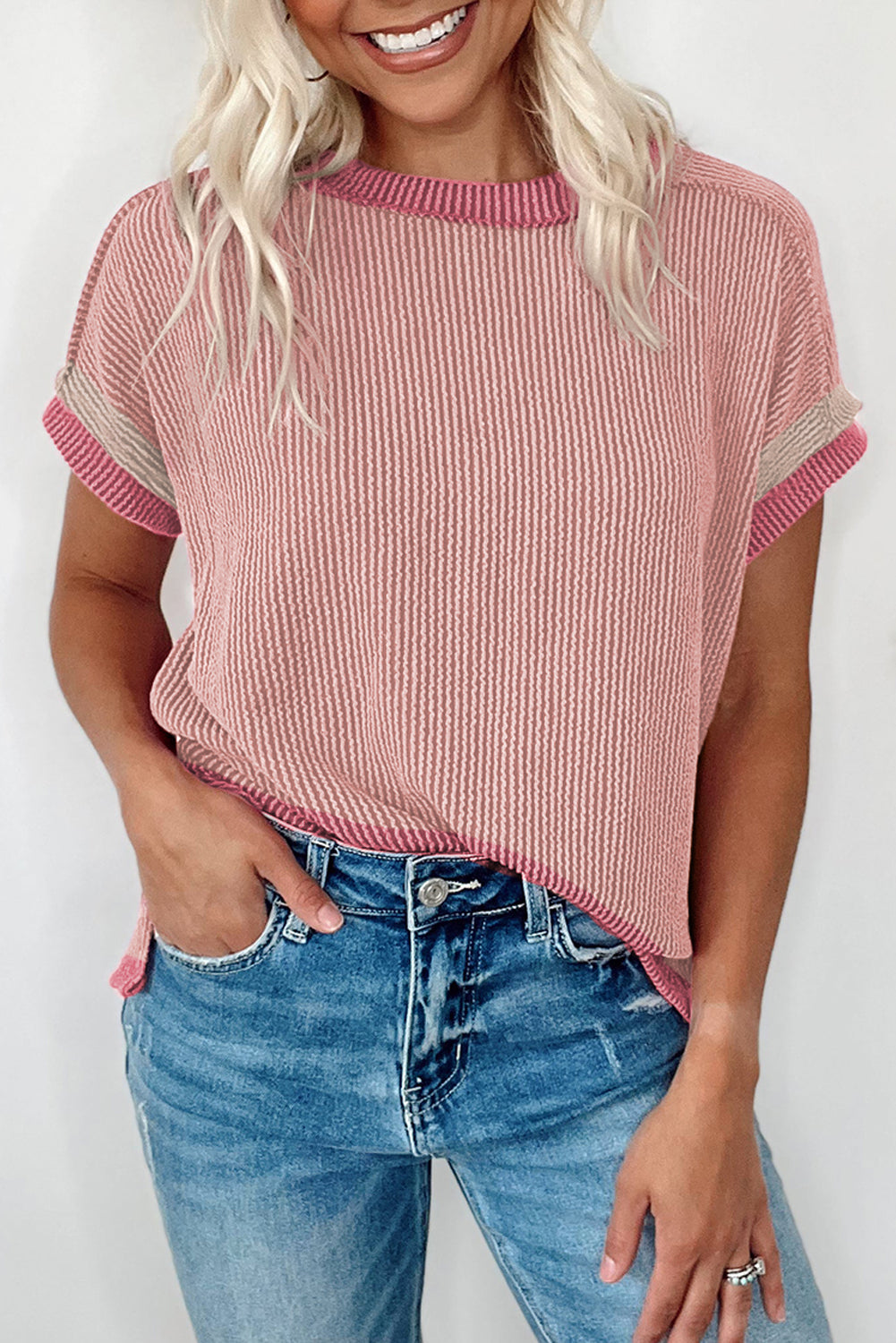Textured Contrast Trim Round Neck T-Shirt eAura