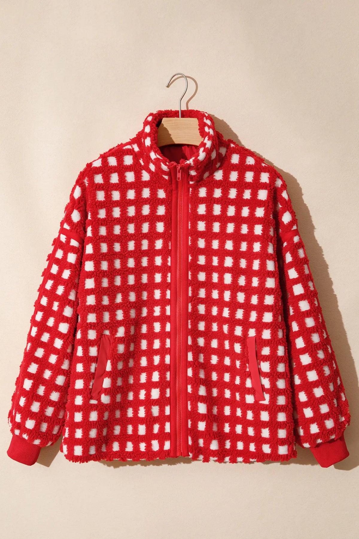 Plaid Zip-up Long Sleeve Jacket – Fiery Red