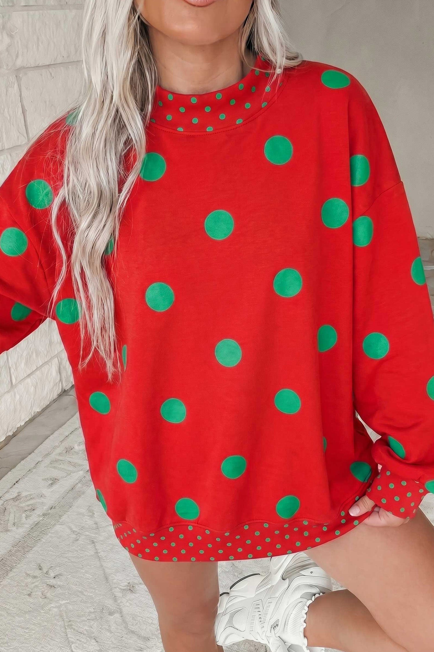 Polka Dot Print Contrast Detail Oversized Tunic Sweatshirt – Pink