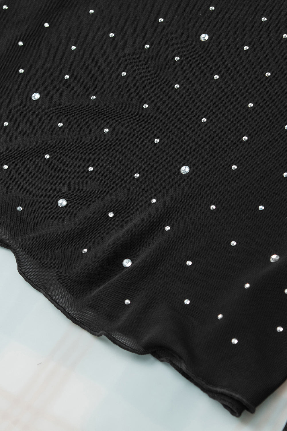 Black Rhinestone Sheer Mesh Slim Fit Long Sleeve Top eAura