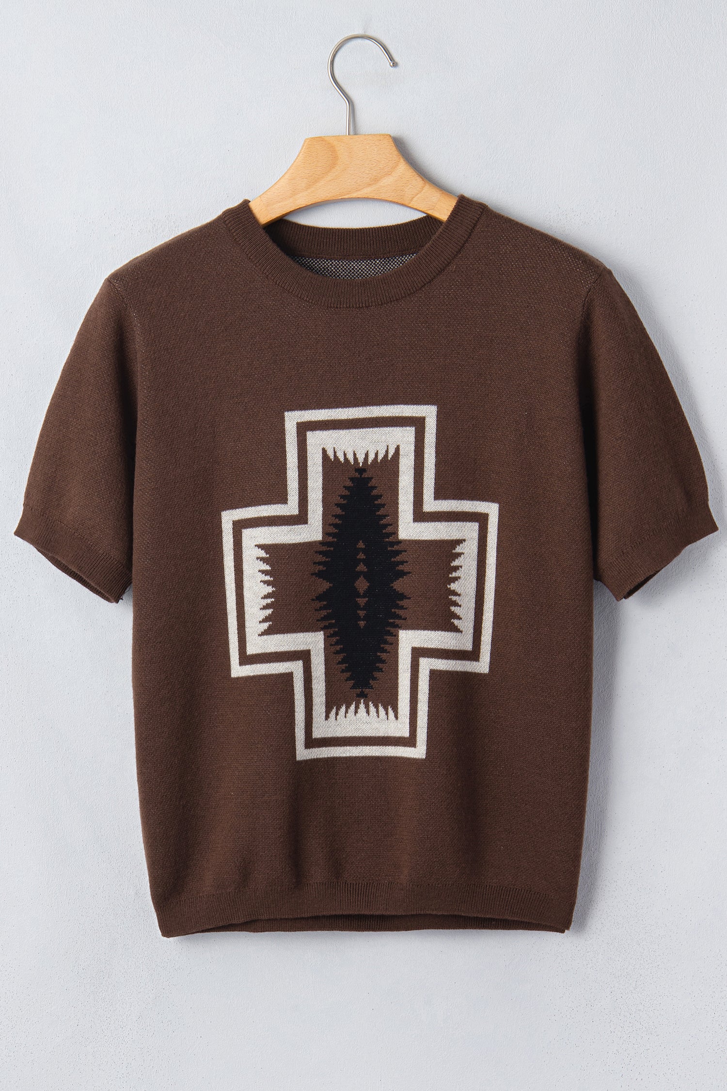 Western Print Short Sleeve Knit Casual Sweater – Brown