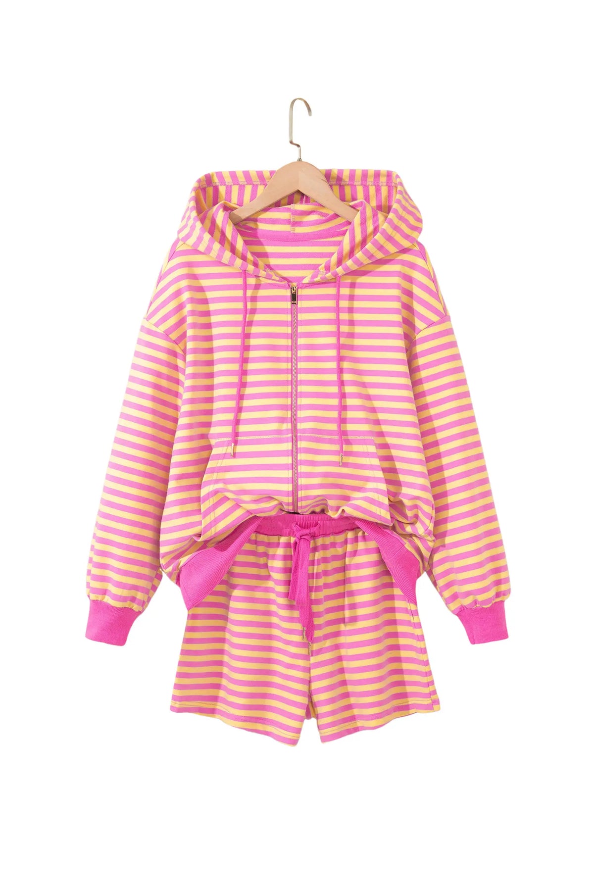 Striped Long Sleeve Zip-Up Hoodie Drawstring Elastic Waist 2pcs Short Set – Rose Red
