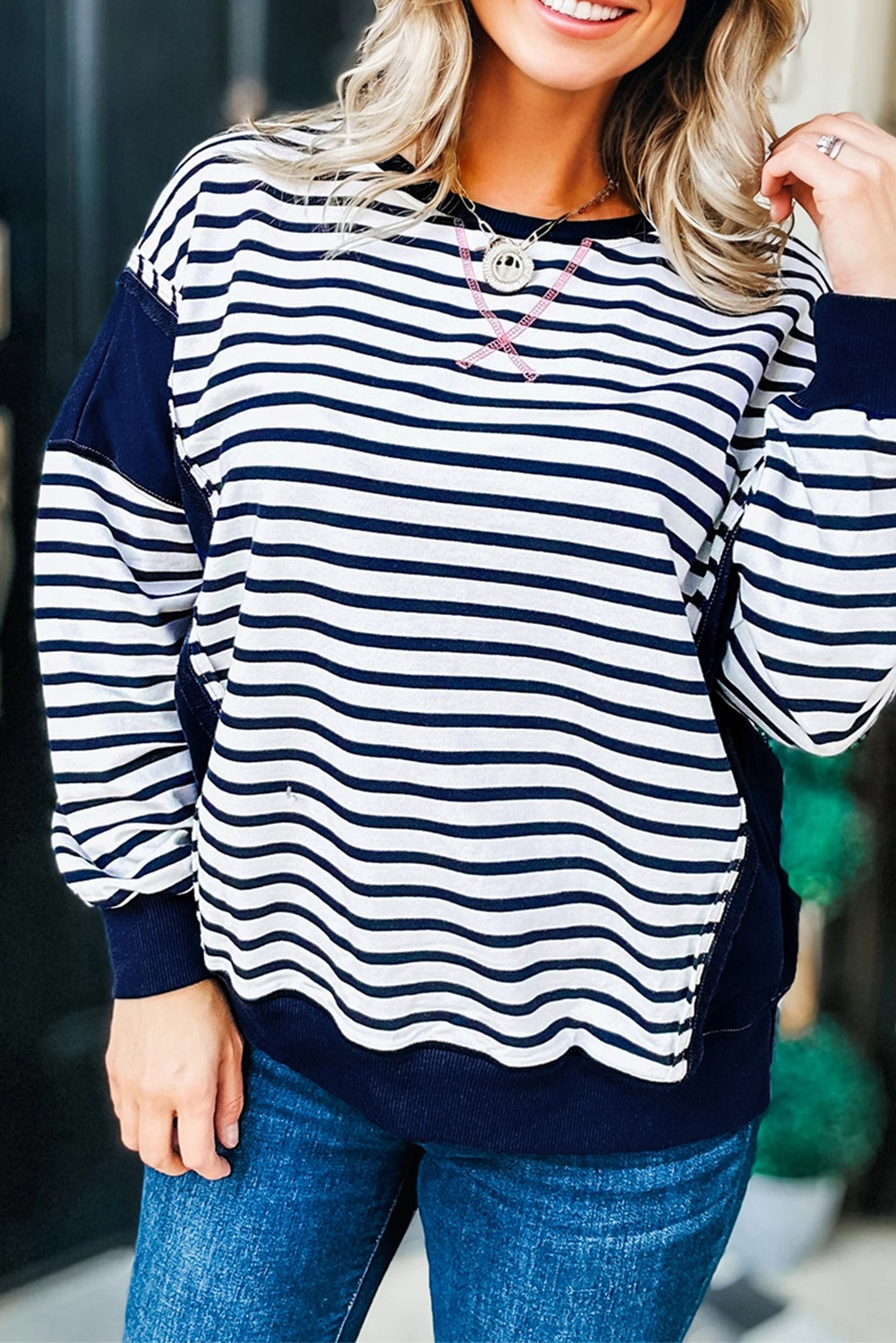 Striped Contrast Stitched Detail Plus Size Sweatshirt - eAura