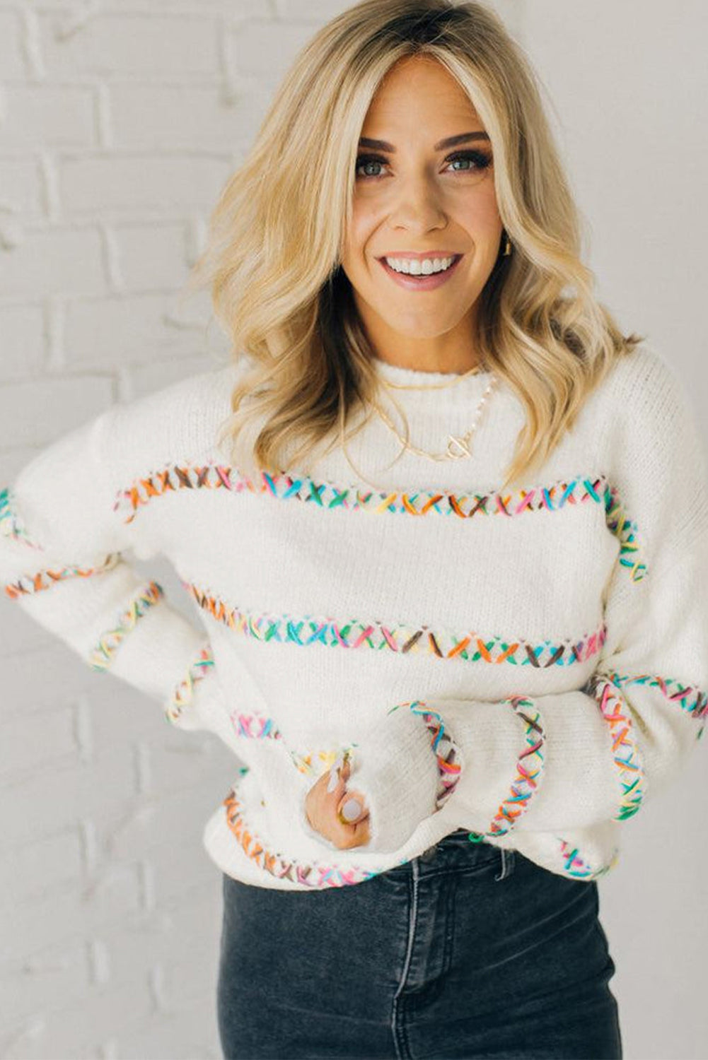 White Colourful Crossed Stitch Drop Shoulder Sweater eAura