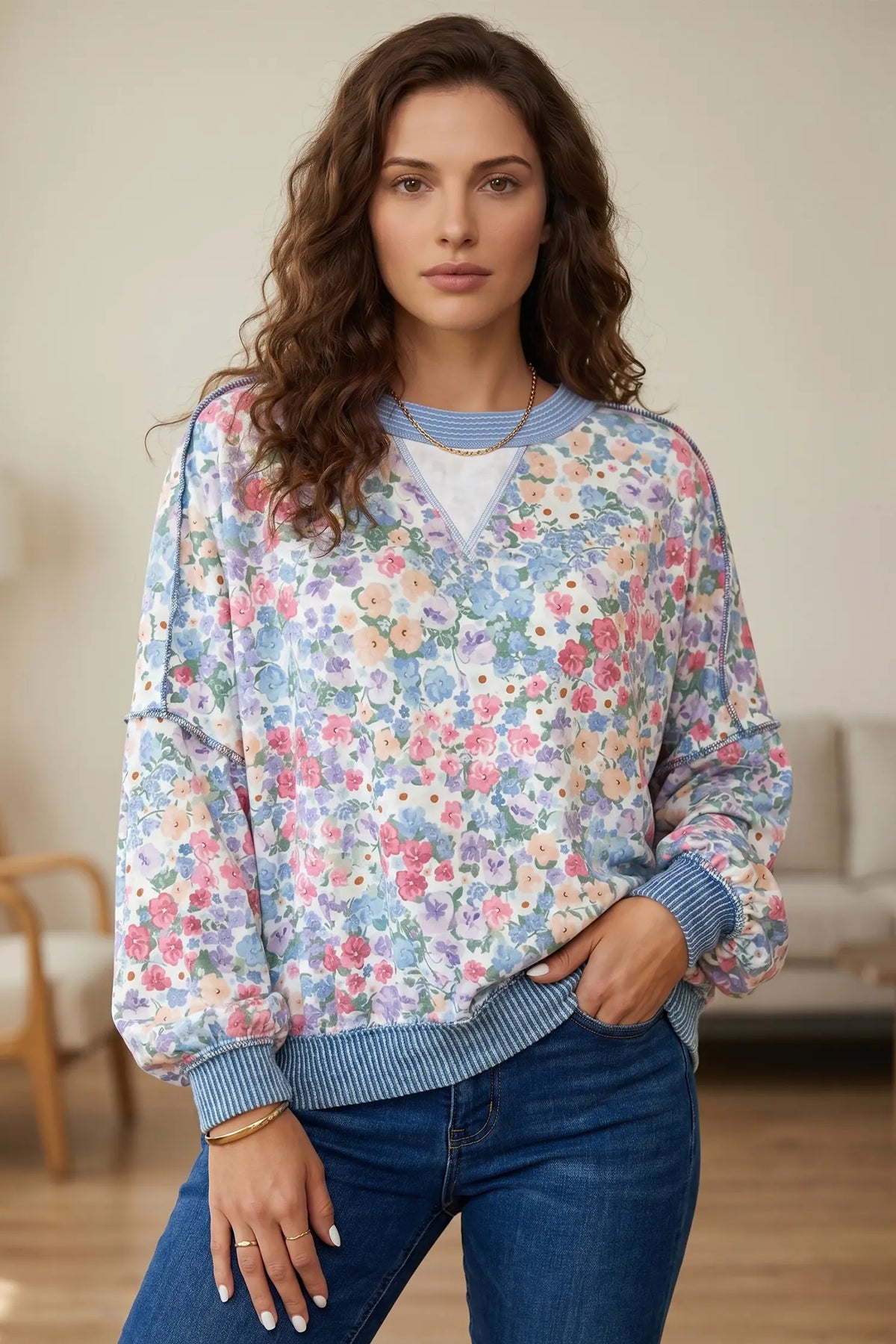 Floral Print Round Neck Long Sleeve Top – Multicolour