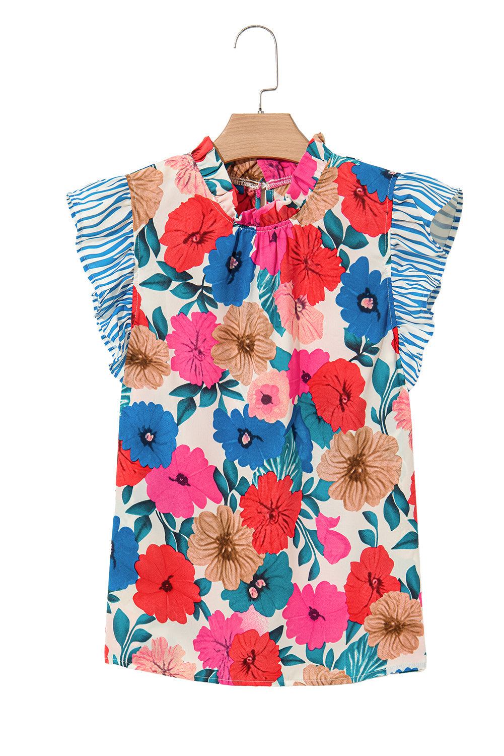 Sky Blue Floral Mock Neck Striped Flutter Sleeve Blouse eAura