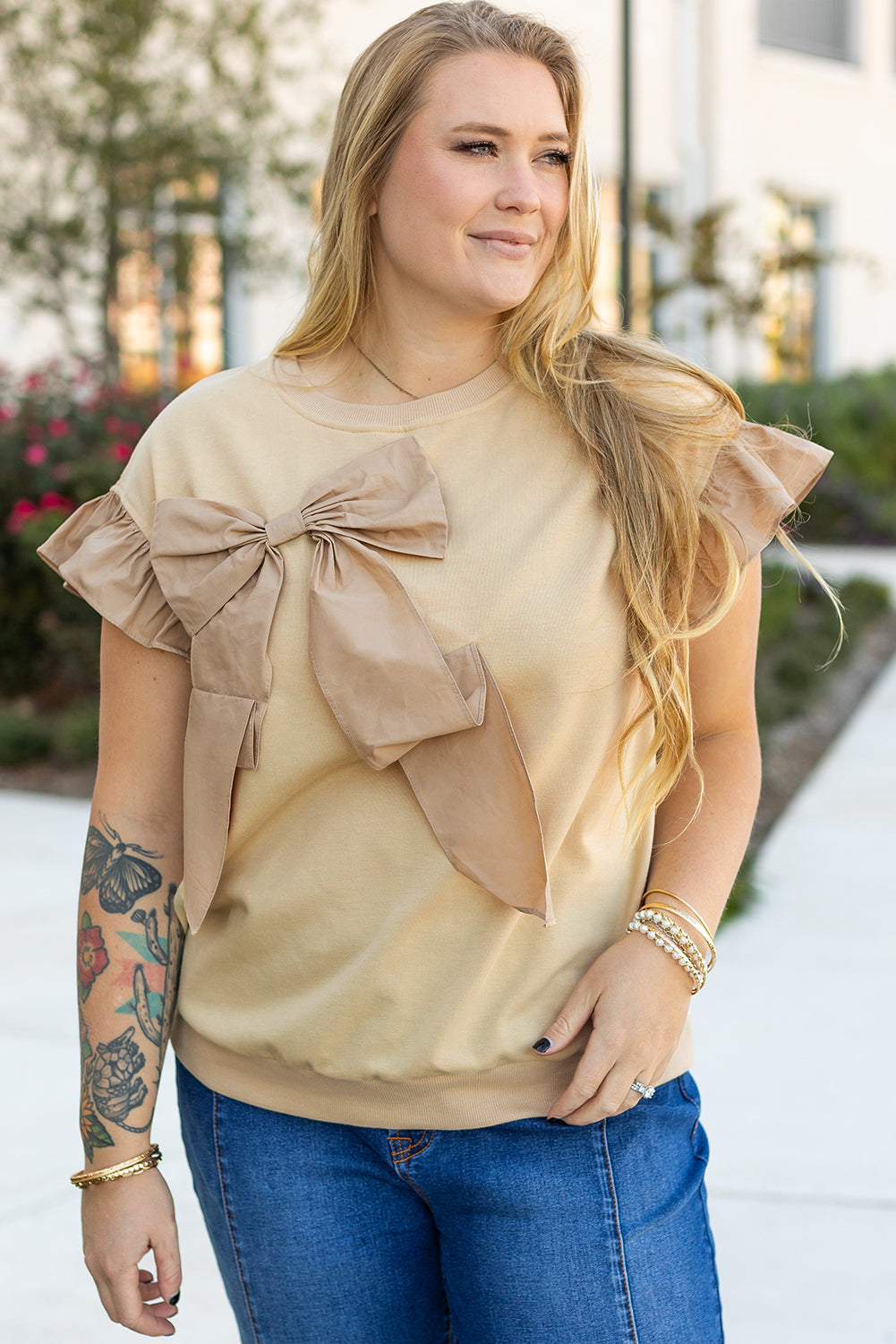 Parchment Ruffled Short Sleeve Bowknot Applique Crew Neck Plus Size Top BB Fashion Outlet