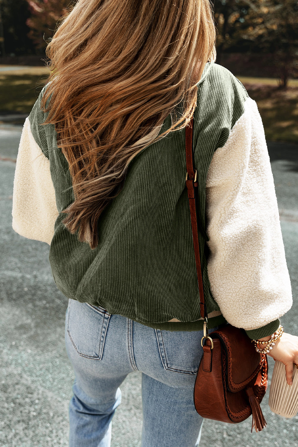 Mist Green Corduroy Fleece Patchwork Buttoned Bomber Jacket Beagle Boutique Fashion Outlet