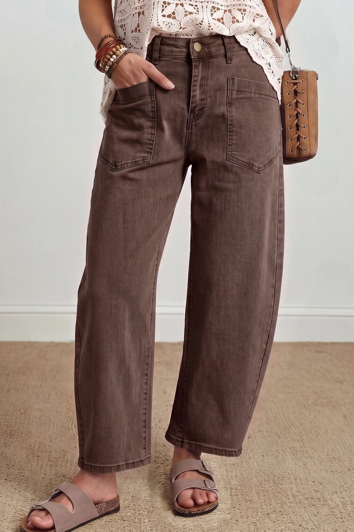 Solid Colour Square Patch Pocket Ankle-length Barrel Jeans – Beau Blue