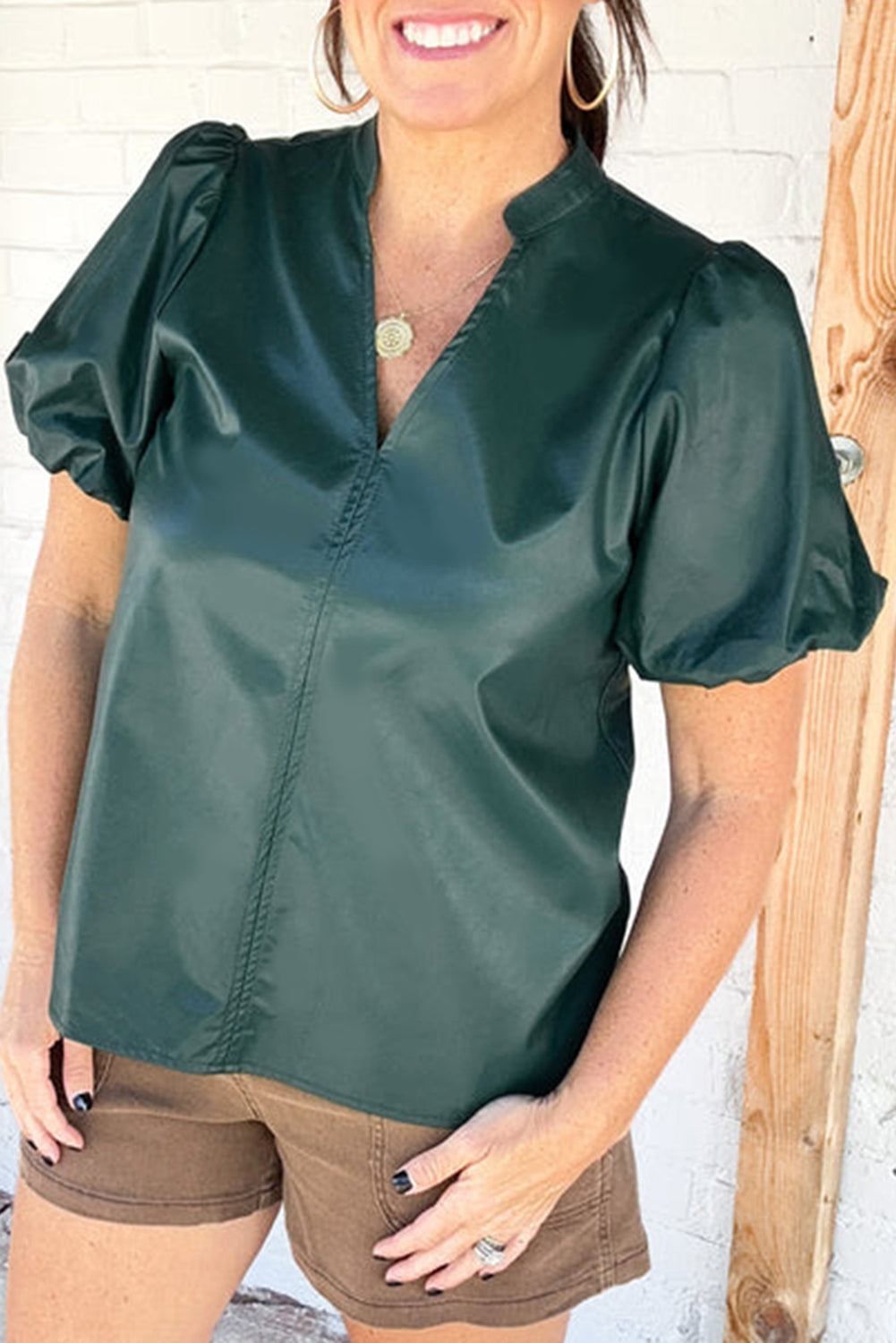 Sea Green Notched V Neck Short Puff Sleeve PU Leather Blouse eAura