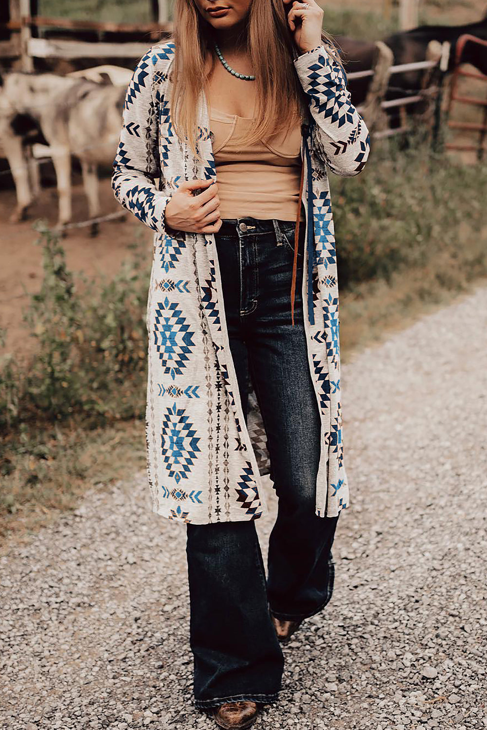 Sky Blue Western Aztec Printed Open Front Long Cardigan eAura