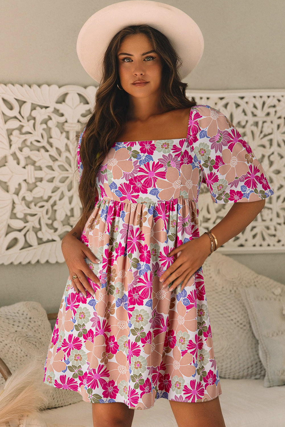 Rose Summer Floral Square Neck Puff Sleeve Babydoll Dress BB Fashion Outlet
