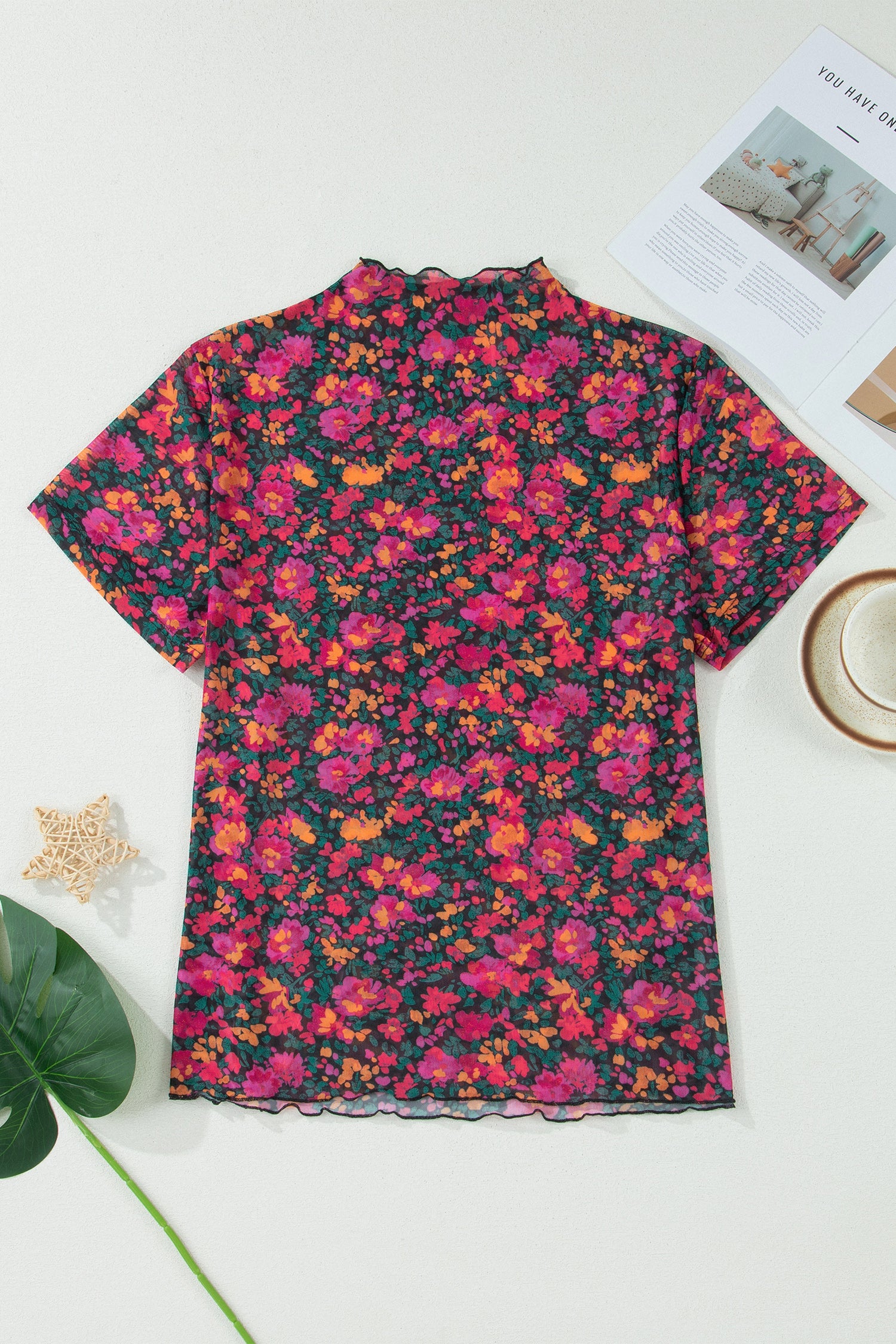 Plus Size Floral Print Sheer Mesh Short Sleeve Top – Rose