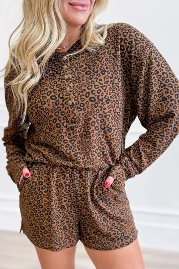 Leopard Print Long Sleeve Henley Top Elastic Waist Shorts 2pcs Outfit – Brown