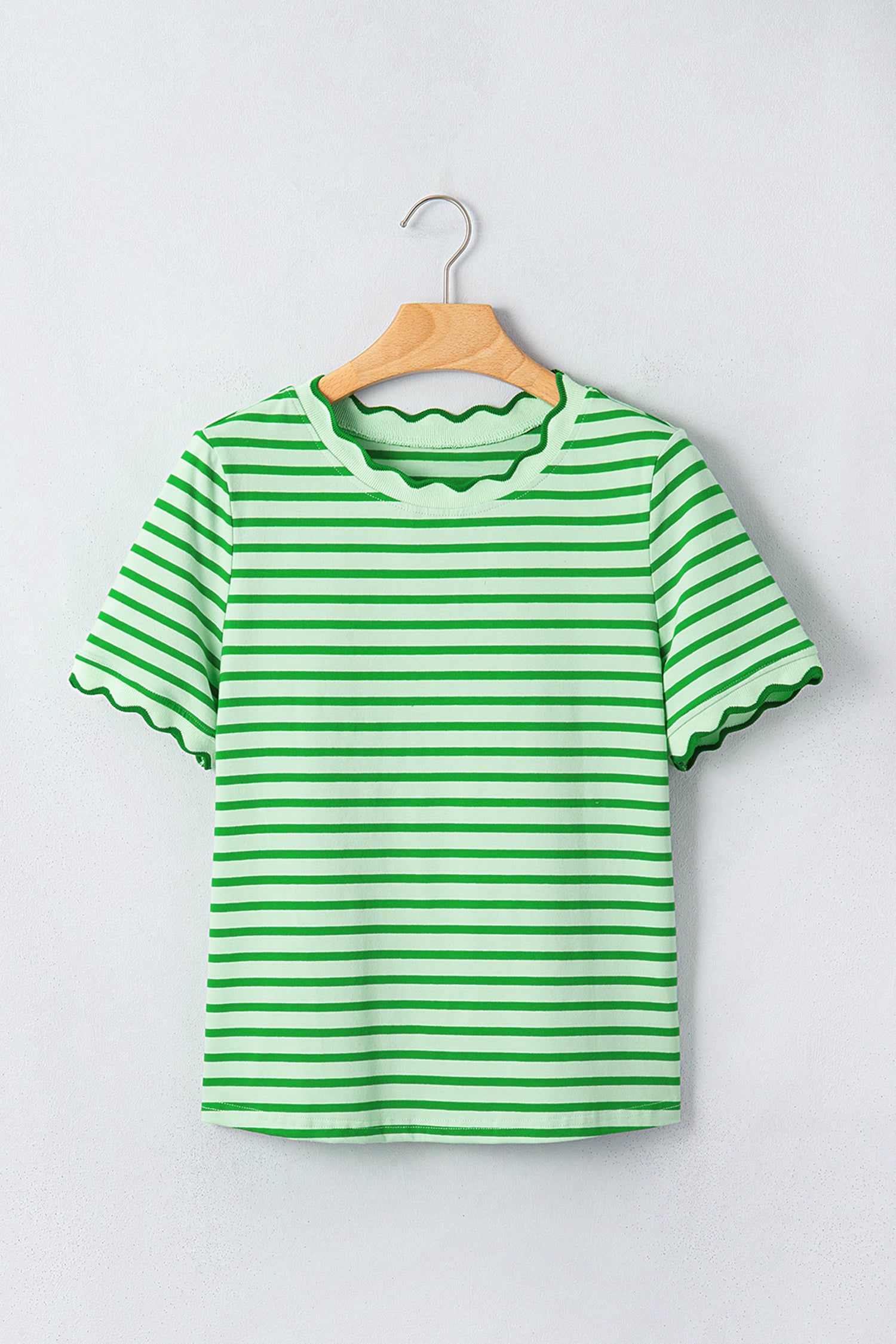 Stripe Scalloped Trim Round Neck T-Shirt