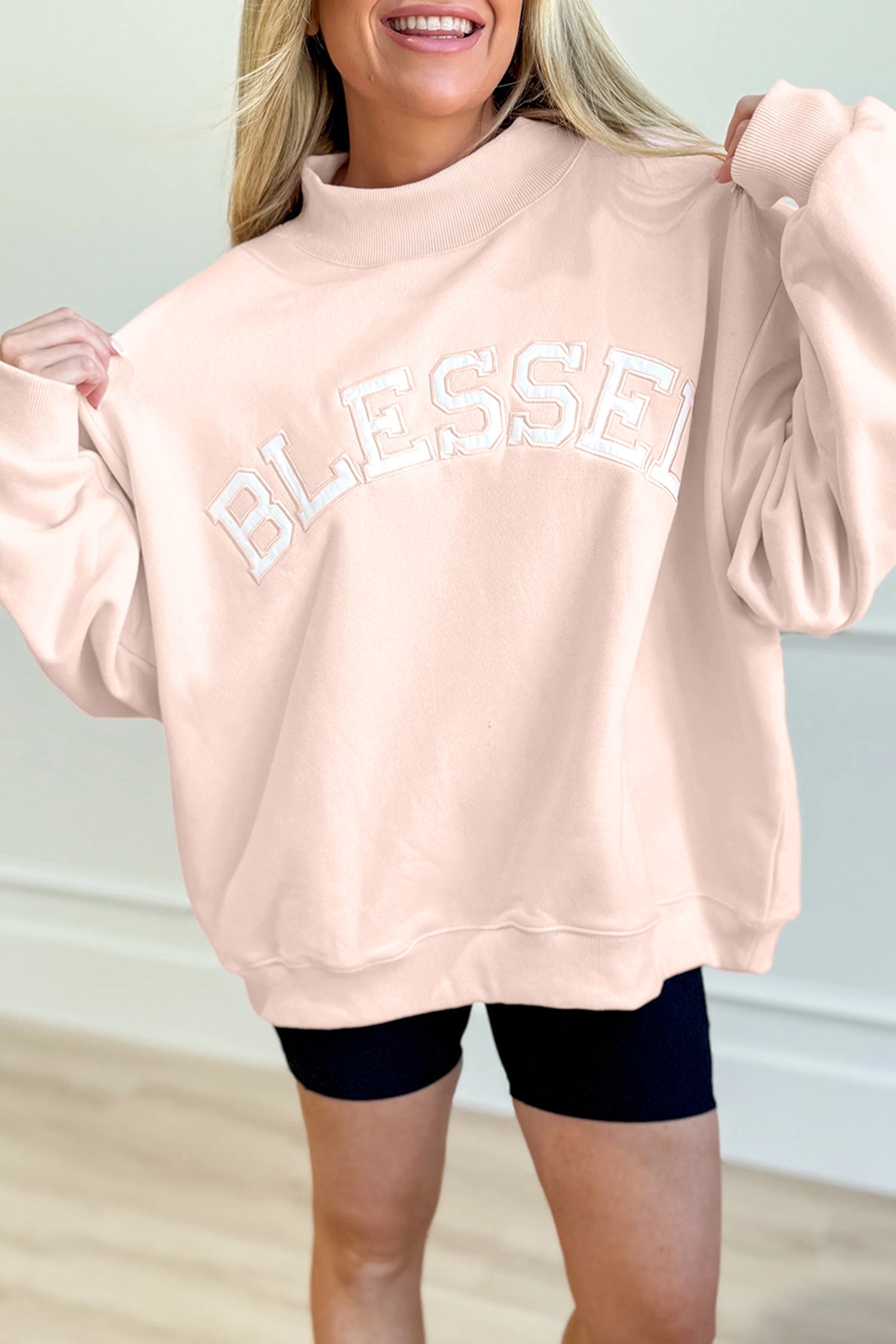 Oversized 'Blessed' Embroidered Mock Neck Sweatshirt - eAura