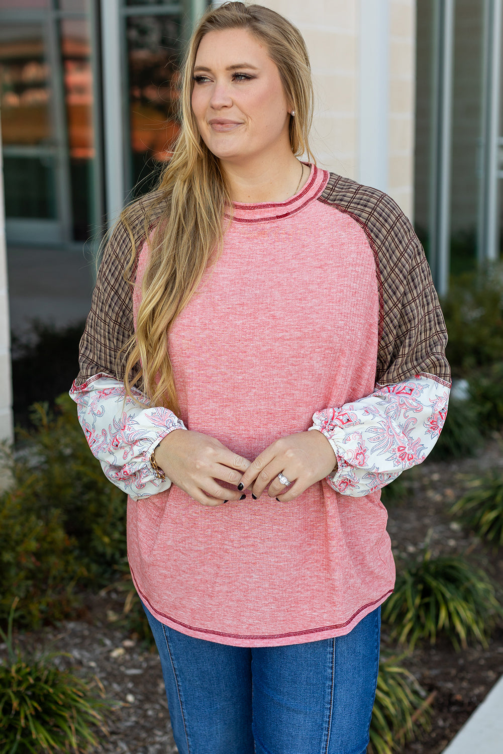 Pink Checkered Paisley Patchwork Raglan Sleeve Seamed Plus Size Top BB Fashion Outlet